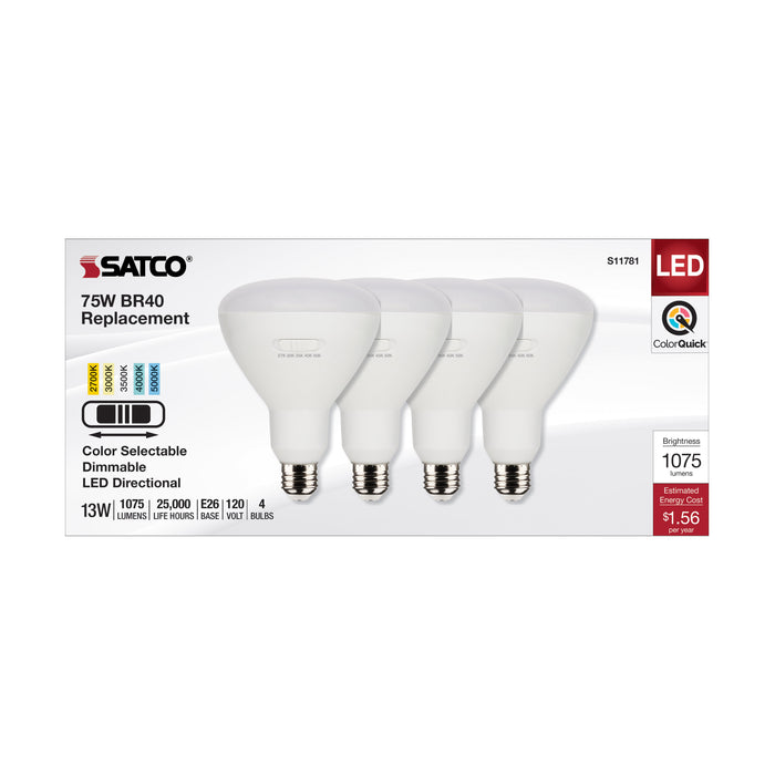 SATCO/NUVO 13W BR40 LED Medium Base CCT Selectable 2700K/3000K/3500K/4000K/5000K 1075Lm White Finish 90 CRI 120V 4-Pack (S11781)