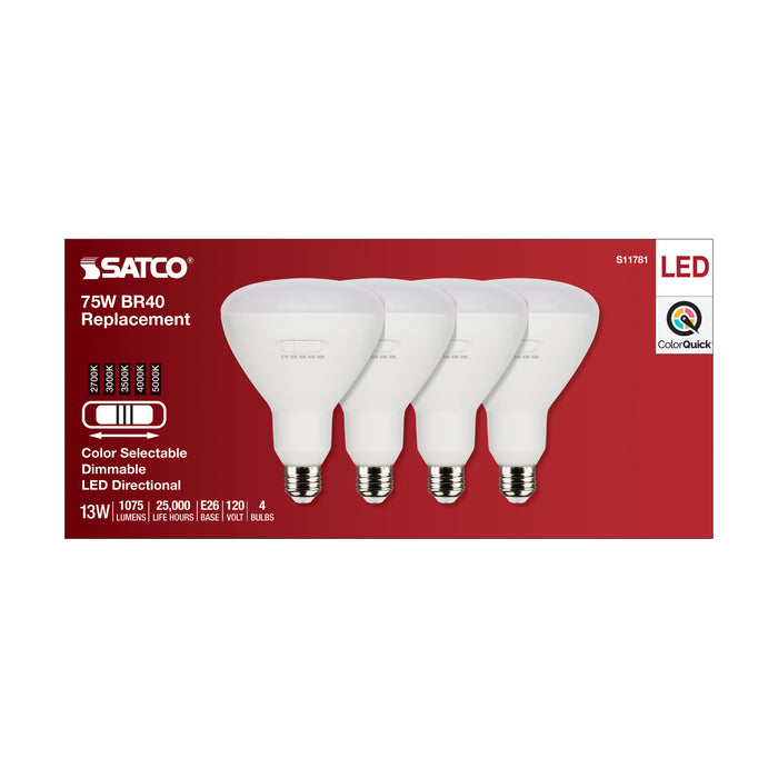 SATCO/NUVO 13W BR40 LED Medium Base CCT Selectable 2700K/3000K/3500K/4000K/5000K 1075Lm White Finish 90 CRI 120V 4-Pack (S11781)