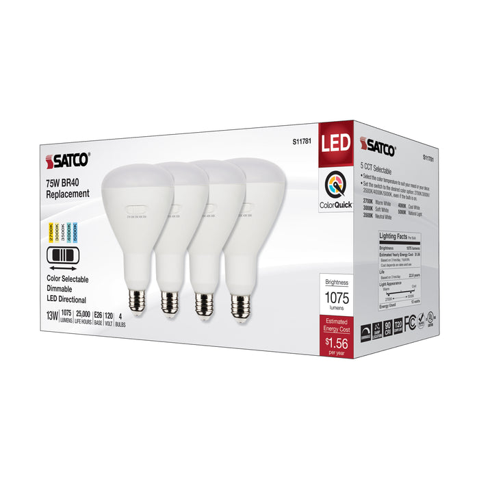 SATCO/NUVO 13W BR40 LED Medium Base CCT Selectable 2700K/3000K/3500K/4000K/5000K 1075Lm White Finish 90 CRI 120V 4-Pack (S11781)