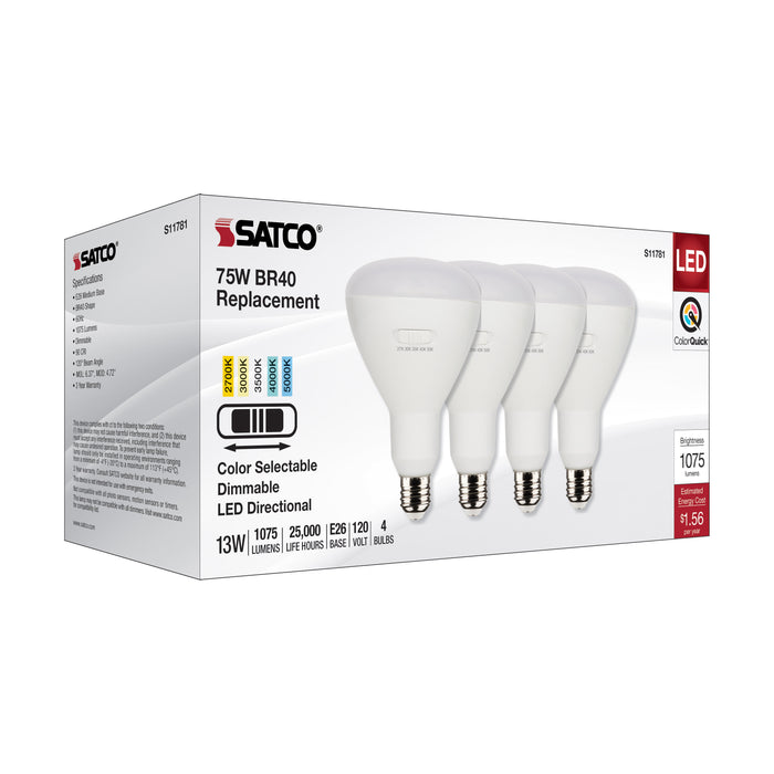 SATCO/NUVO 13W BR40 LED Medium Base CCT Selectable 2700K/3000K/3500K/4000K/5000K 1075Lm White Finish 90 CRI 120V 4-Pack (S11781)