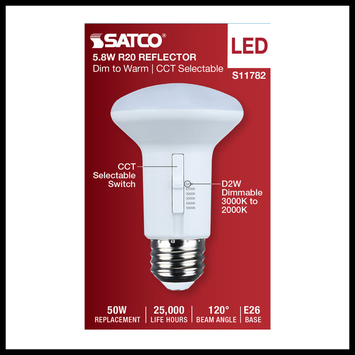 SATCO/NUVO 5.8W R20 LED CCT Selectable 2700K/3000K/3500K/4000K/5000K 120V 90 CRI Dimmable E26 Base White (S11782)