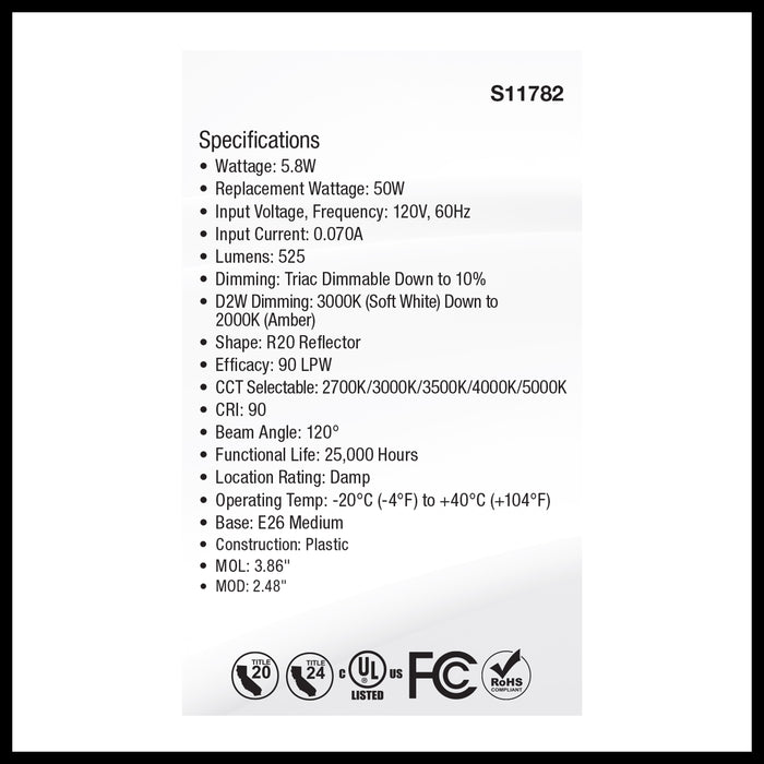 SATCO/NUVO 5.8W R20 LED CCT Selectable 2700K/3000K/3500K/4000K/5000K 120V 90 CRI Dimmable E26 Base White (S11782)