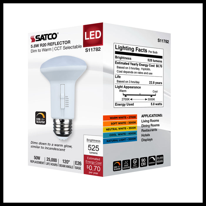 SATCO/NUVO 5.8W R20 LED CCT Selectable 2700K/3000K/3500K/4000K/5000K 120V 90 CRI Dimmable E26 Base White (S11782)