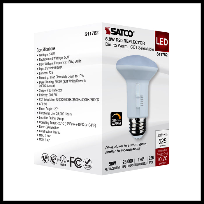 SATCO/NUVO 5.8W R20 LED CCT Selectable 2700K/3000K/3500K/4000K/5000K 120V 90 CRI Dimmable E26 Base White (S11782)