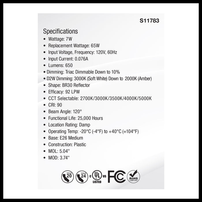 SATCO/NUVO 7W BR30 LED CCT Selectable 2700K/3000K/3500K/4000K/5000K 120V 90 CRI Dimmable E26 Base White (S11783)