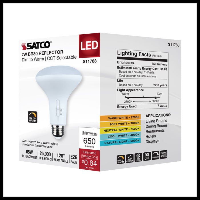 SATCO/NUVO 7W BR30 LED CCT Selectable 2700K/3000K/3500K/4000K/5000K 120V 90 CRI Dimmable E26 Base White (S11783)