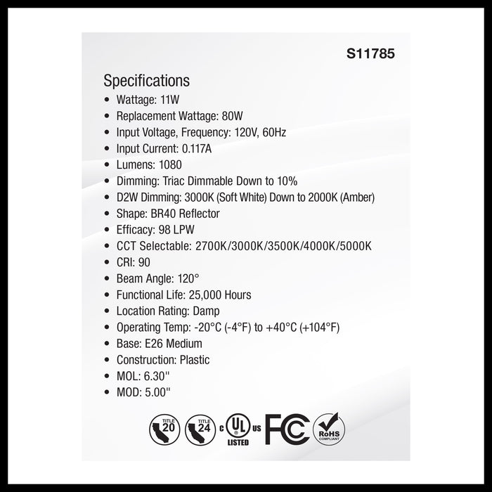 SATCO/NUVO 11W BR40 LED CCT Selectable 2700K/3000K/3500K/4000K/5000K 120V 90 CRI Dimmable E26 Base White (S11785)