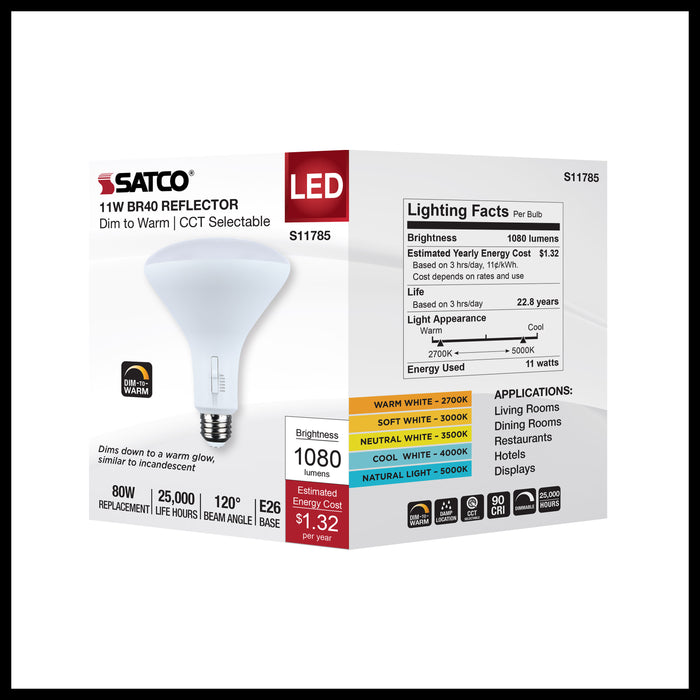SATCO/NUVO 11W BR40 LED CCT Selectable 2700K/3000K/3500K/4000K/5000K 120V 90 CRI Dimmable E26 Base White (S11785)