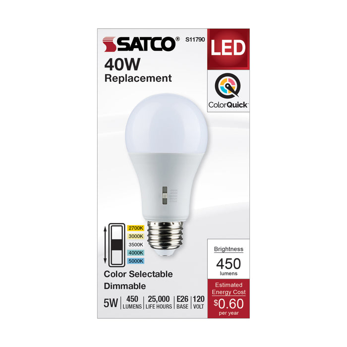 SATCO/NUVO LED A-Shape Lamp CCT Selectable 2700K/3000K/3500K/4000K/5000K 5W 90 CRI 120V 450Lm Medium E26 Base Dimmable (S11790)