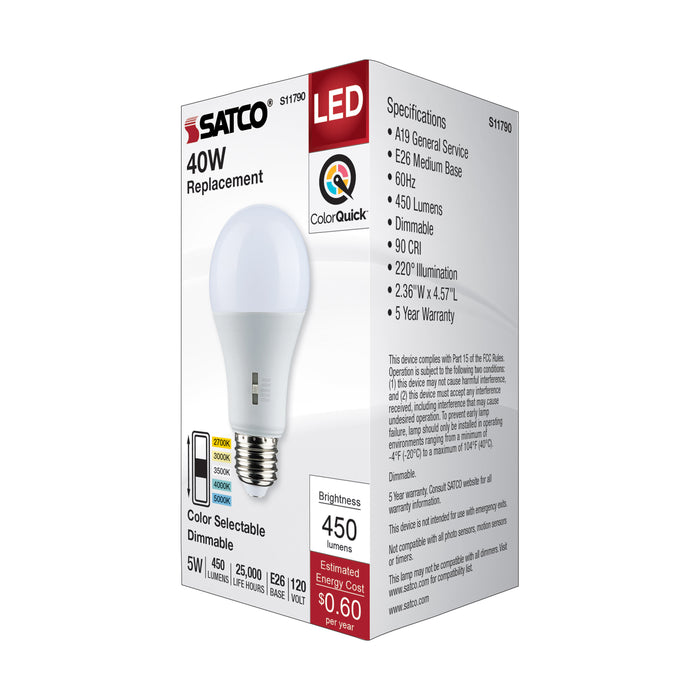 SATCO/NUVO LED A-Shape Lamp CCT Selectable 2700K/3000K/3500K/4000K/5000K 5W 90 CRI 120V 450Lm Medium E26 Base Dimmable (S11790)