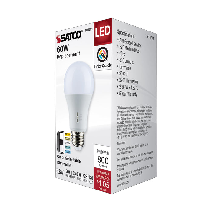 SATCO/NUVO LED A-Shape Lamp CCT Selectable 2700K/3000K/3500K/4000K/5000K 8.8W 90 CRI 120V 800Lm Medium E26 Base Dimmable (S11791)