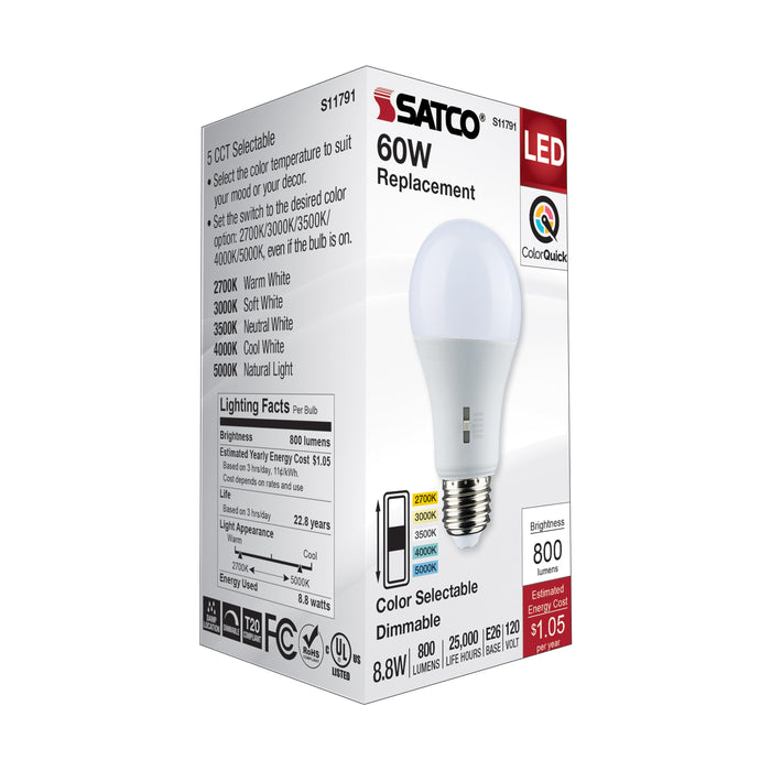 SATCO/NUVO LED A-Shape Lamp CCT Selectable 2700K/3000K/3500K/4000K/5000K 8.8W 90 CRI 120V 800Lm Medium E26 Base Dimmable (S11791)