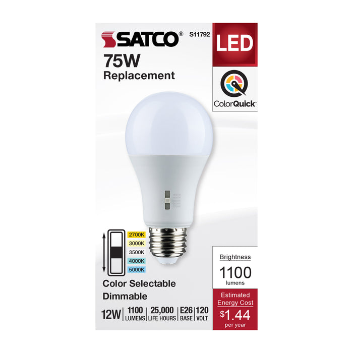SATCO/NUVO LED A-Shape Lamp CCT Selectable 2700K/3000K/3500K/4000K/5000K 12W 90 CRI 120V 1100Lm Medium E26 Base Dimmable (S11792)