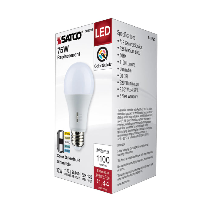 SATCO/NUVO LED A-Shape Lamp CCT Selectable 2700K/3000K/3500K/4000K/5000K 12W 90 CRI 120V 1100Lm Medium E26 Base Dimmable (S11792)