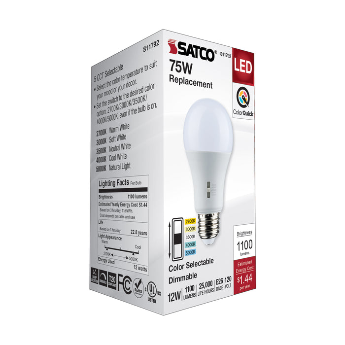 SATCO/NUVO LED A-Shape Lamp CCT Selectable 2700K/3000K/3500K/4000K/5000K 12W 90 CRI 120V 1100Lm Medium E26 Base Dimmable (S11792)