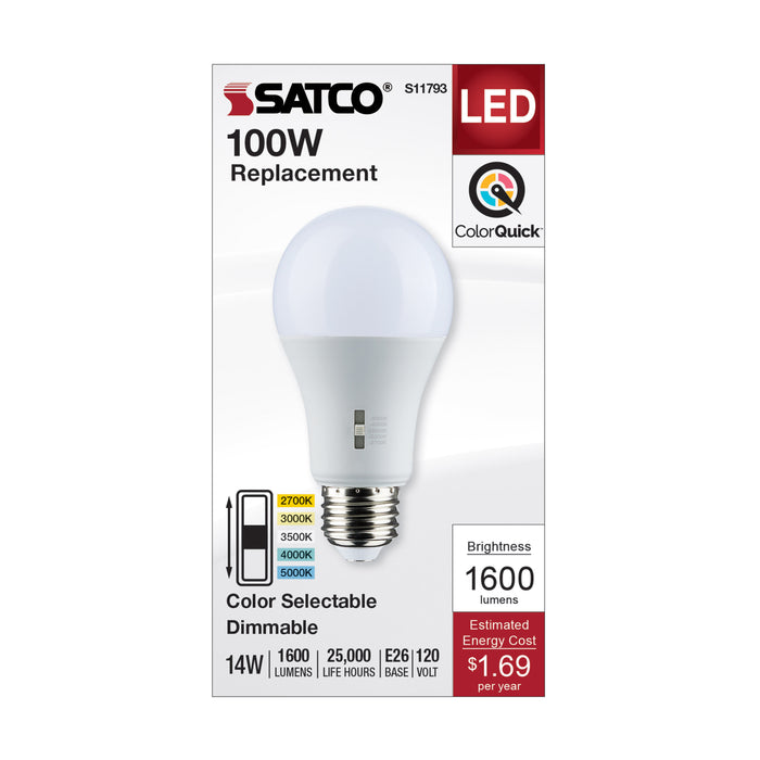 SATCO/NUVO LED A-Shape Lamp CCT Selectable 2700K/3000K/3500K/4000K/5000K 14W 90 CRI 120V 1600Lm Medium E26 Base Dimmable (S11793)