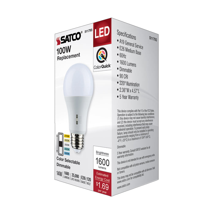 SATCO/NUVO LED A-Shape Lamp CCT Selectable 2700K/3000K/3500K/4000K/5000K 14W 90 CRI 120V 1600Lm Medium E26 Base Dimmable (S11793)