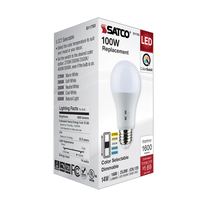 SATCO/NUVO LED A-Shape Lamp CCT Selectable 2700K/3000K/3500K/4000K/5000K 14W 90 CRI 120V 1600Lm Medium E26 Base Dimmable (S11793)