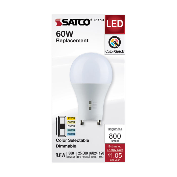 SATCO/NUVO LED A-Shape Lamp CCT Selectable 2700K/3000K/3500K/4000K/5000K 8.8W 90 CRI 120V 800Lm GU24 Base Dimmable (S11794)