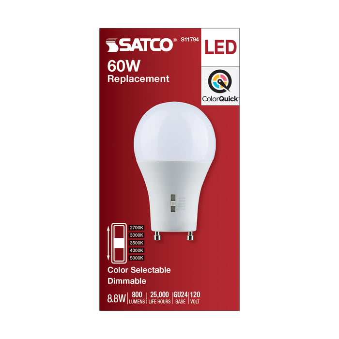 SATCO/NUVO LED A-Shape Lamp CCT Selectable 2700K/3000K/3500K/4000K/5000K 8.8W 90 CRI 120V 800Lm GU24 Base Dimmable (S11794)
