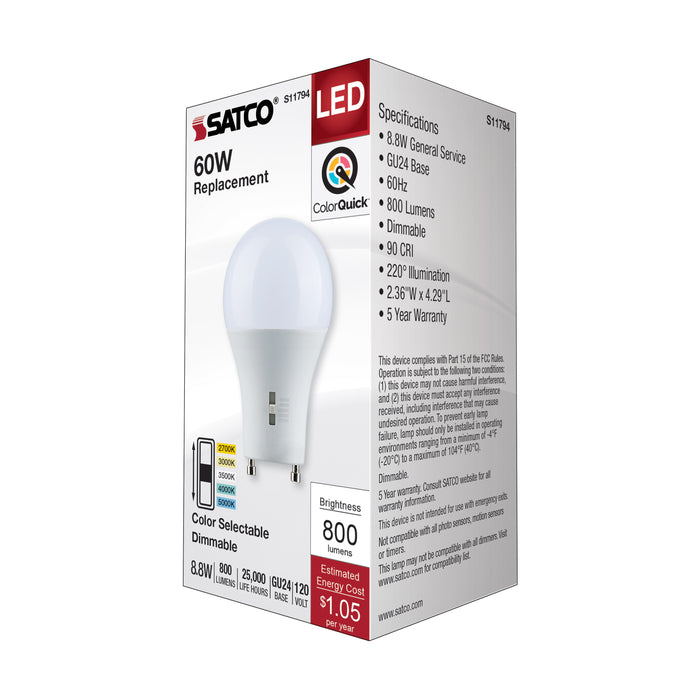 SATCO/NUVO LED A-Shape Lamp CCT Selectable 2700K/3000K/3500K/4000K/5000K 8.8W 90 CRI 120V 800Lm GU24 Base Dimmable (S11794)