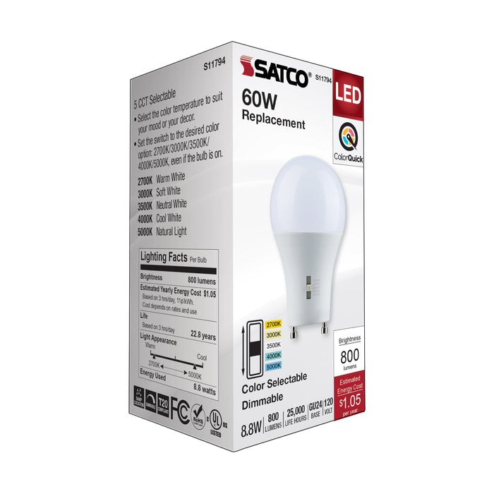 SATCO/NUVO LED A-Shape Lamp CCT Selectable 2700K/3000K/3500K/4000K/5000K 8.8W 90 CRI 120V 800Lm GU24 Base Dimmable (S11794)