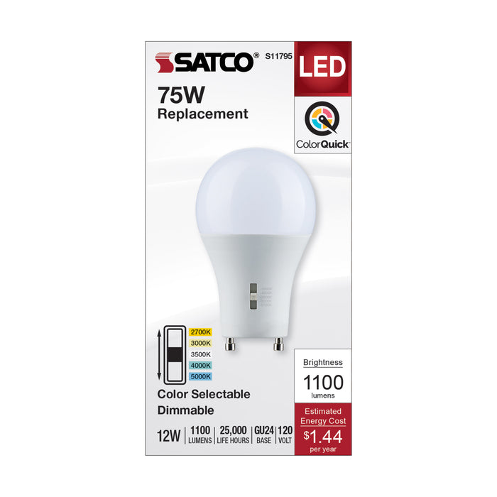 SATCO/NUVO LED A-Shape Lamp CCT Selectable 2700K/3000K/3500K/4000K/5000K 12W 90 CRI 120V 1100Lm GU24 Base Dimmable (S11795)