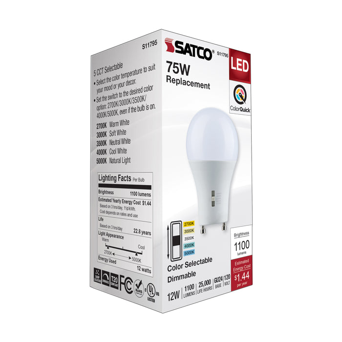 SATCO/NUVO LED A-Shape Lamp CCT Selectable 2700K/3000K/3500K/4000K/5000K 12W 90 CRI 120V 1100Lm GU24 Base Dimmable (S11795)