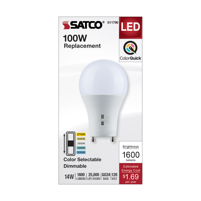 SATCO/NUVO LED A-Shape Lamp CCT Selectable 2700K/3000K/3500K/4000K/5000K 14W 90 CRI 120V 1600Lm GU24 Base Dimmable (S11796)