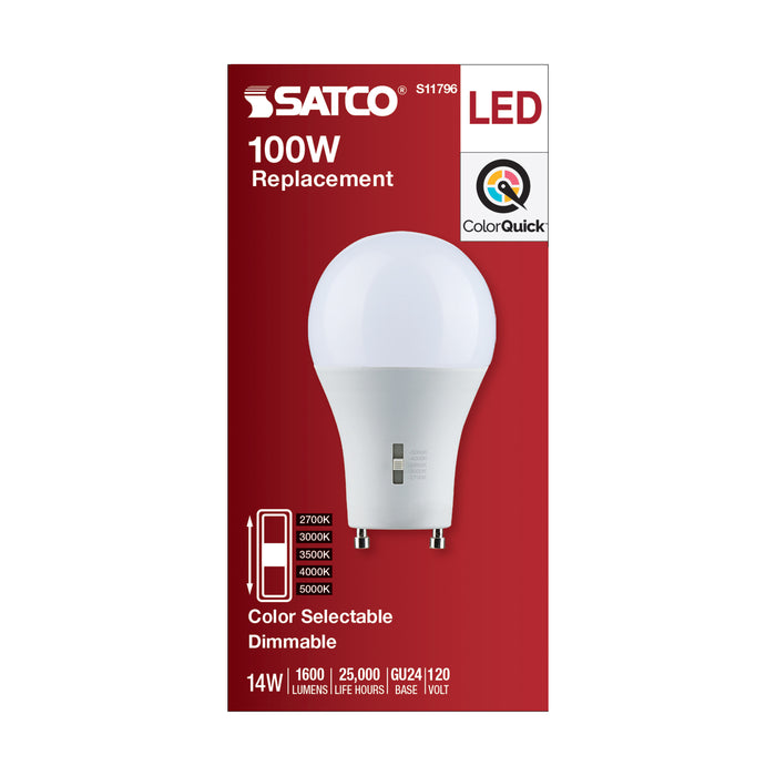 SATCO/NUVO LED A-Shape Lamp CCT Selectable 2700K/3000K/3500K/4000K/5000K 14W 90 CRI 120V 1600Lm GU24 Base Dimmable (S11796)