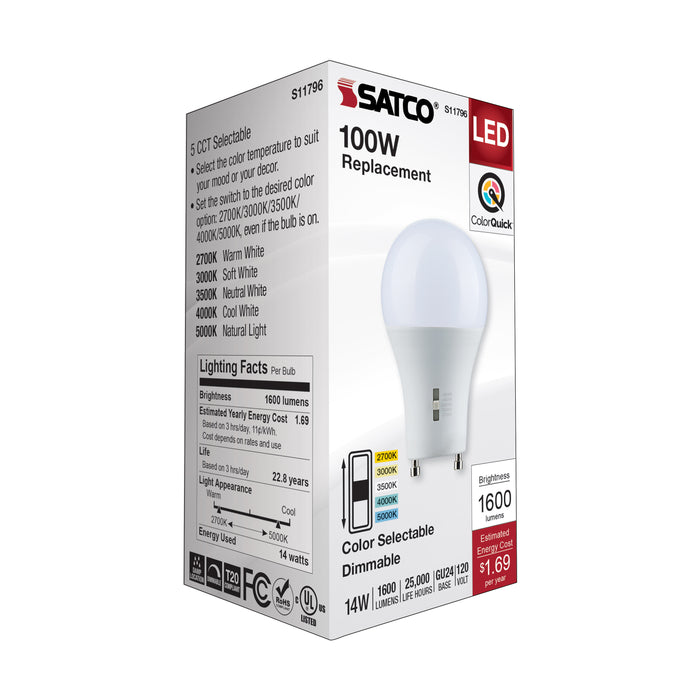 SATCO/NUVO LED A-Shape Lamp CCT Selectable 2700K/3000K/3500K/4000K/5000K 14W 90 CRI 120V 1600Lm GU24 Base Dimmable (S11796)