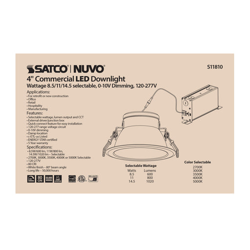 SATCO/NUVO ColorQuick 14.5W Commercial LED Downlight Retrofit 4 Inch CCT And Lumen Adjustable 120-277V (S11810)