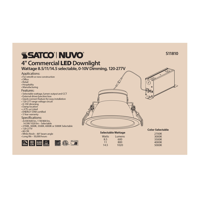 SATCO/NUVO ColorQuick 14.5W Commercial LED Downlight Retrofit 4 Inch CCT And Lumen Adjustable 120-277V (S11810)