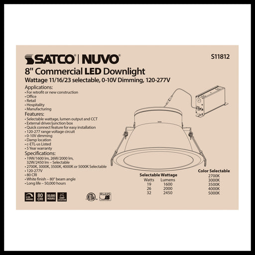 SATCO/NUVO ColorQuick 32W Commercial LED Downlight Retrofit 8 Inch CCT And Lumen Adjustable 120-277V (S11812)