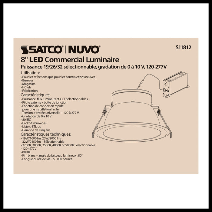 SATCO/NUVO ColorQuick 32W Commercial LED Downlight Retrofit 8 Inch CCT And Lumen Adjustable 120-277V (S11812)