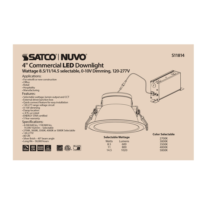 SATCO/NUVO ColorQuick 14.5W Commercial LED Downlight Retrofit 4 Inch CCT And Lumen Adjustable 120-277V (S11814)