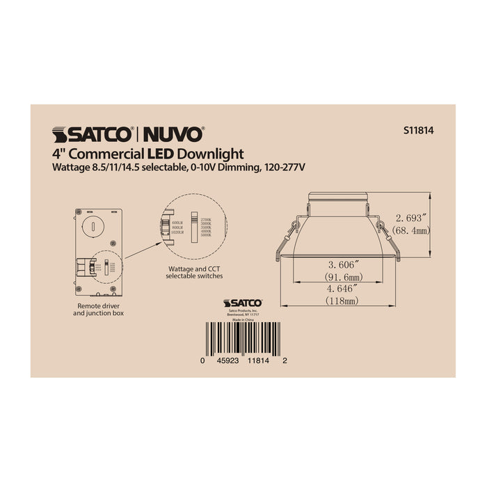 SATCO/NUVO ColorQuick 14.5W Commercial LED Downlight Retrofit 4 Inch CCT And Lumen Adjustable 120-277V (S11814)