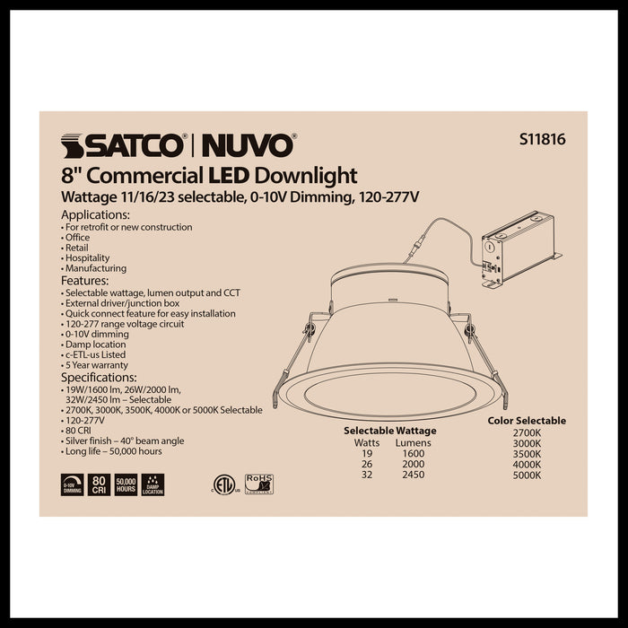 SATCO/NUVO ColorQuick 32W Commercial LED Downlight Retrofit 8 Inch CCT Adjustable 120-277V (S11816)