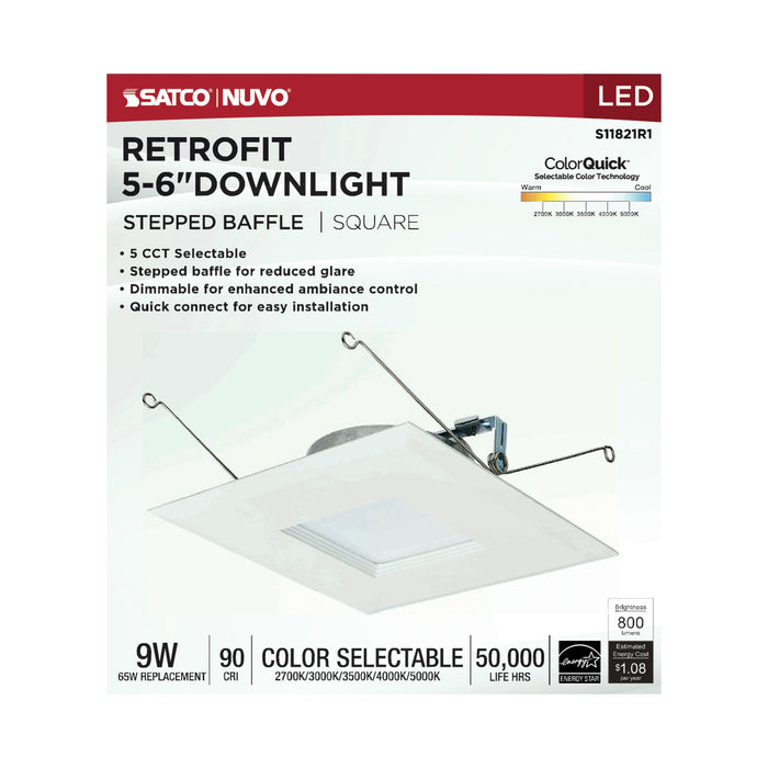 SATCO/NUVO 9W LED Downlight Retrofit 5-6 Inches CCT Selectable Square White Finish 120V (S11821R1)