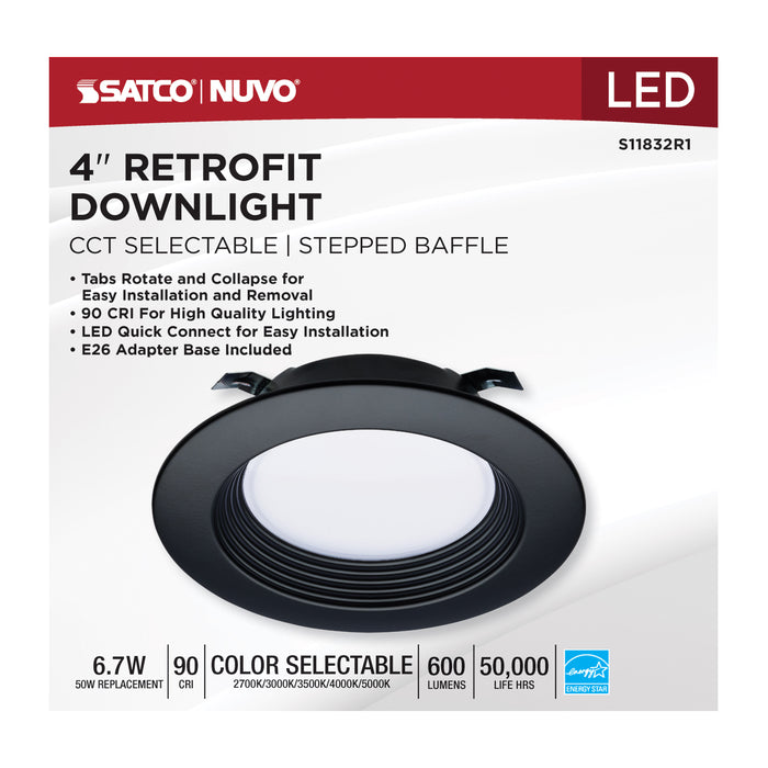 SATCO/NUVO 6.7W LED Downlight Retrofit 4 Inch CCT Selectable 120V Black Finish (S11832R1)