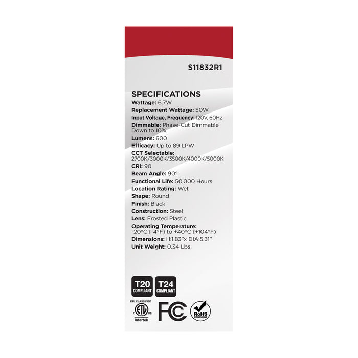 SATCO/NUVO 6.7W LED Downlight Retrofit 4 Inch CCT Selectable 120V Black Finish (S11832R1)