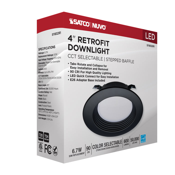 SATCO/NUVO 6.7W LED Downlight Retrofit 4 Inch CCT Selectable 120V Black Finish (S11832R1)