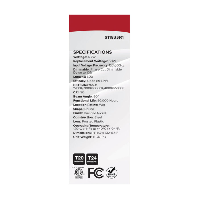 SATCO/NUVO 6.7W LED Downlight Retrofit 4 Inch CCT Selectable 120V Brushed Nickel Finish (S11833R1)