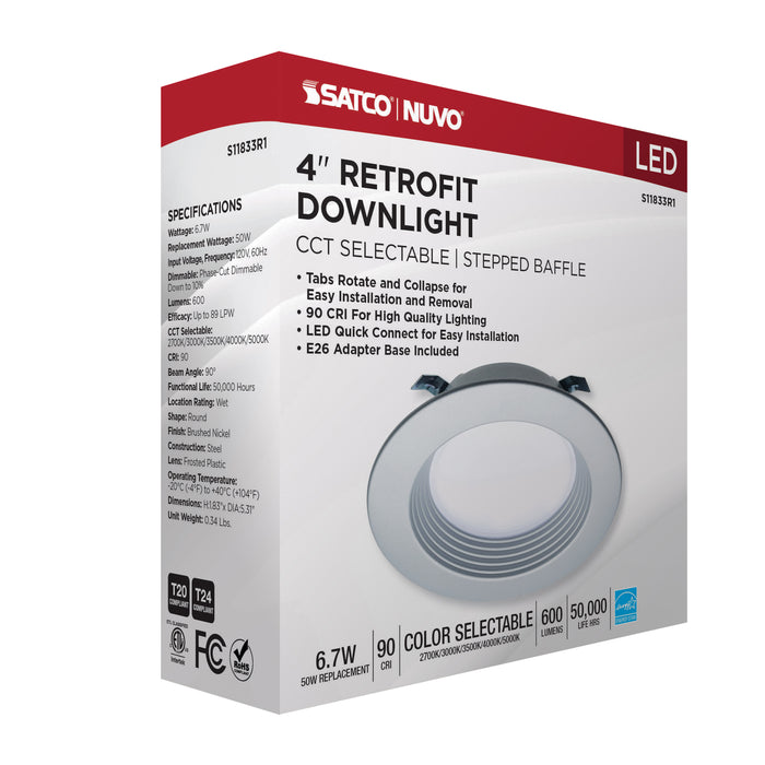 SATCO/NUVO 6.7W LED Downlight Retrofit 4 Inch CCT Selectable 120V Brushed Nickel Finish (S11833R1)