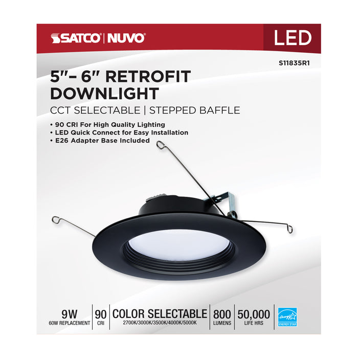 SATCO/NUVO 9W LED Downlight Retrofit 5-6 Inch CCT Selectable 120V Black Finish (S11835R1)