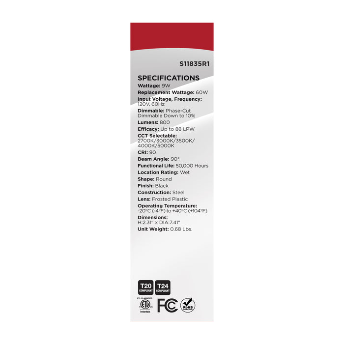 SATCO/NUVO 9W LED Downlight Retrofit 5-6 Inch CCT Selectable 120V Black Finish (S11835R1)