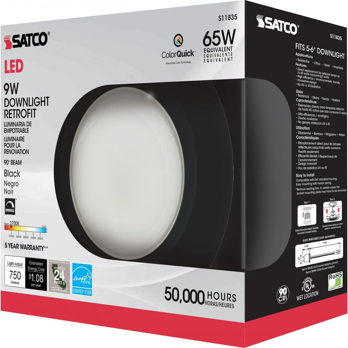 SATCO/NUVO ColorQuick 9W LED Downlight Retrofit 5 Inch 6 Inch CCT Selectable 120V Dimmable Black Finish (S11835)