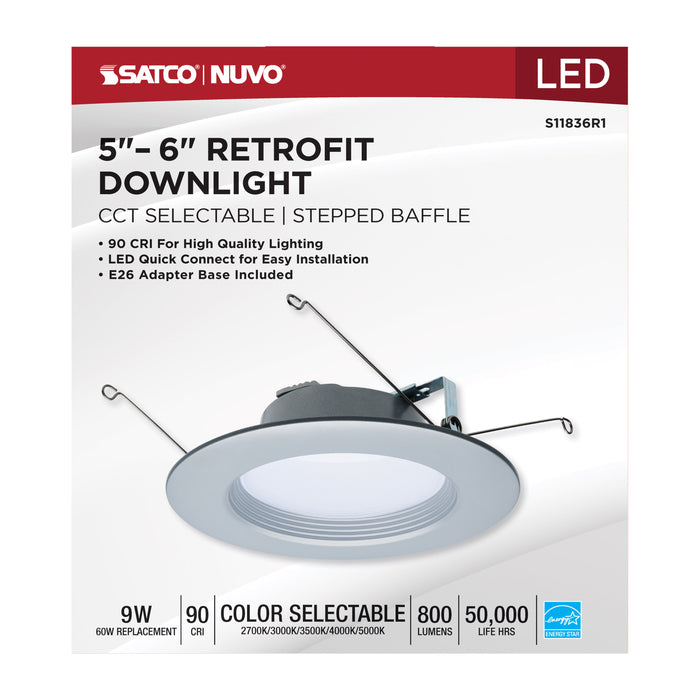 SATCO/NUVO 9W LED Downlight Retrofit 5-6 Inch CCT Selectable 120V Brushed Nickel Finish (S11836R1)