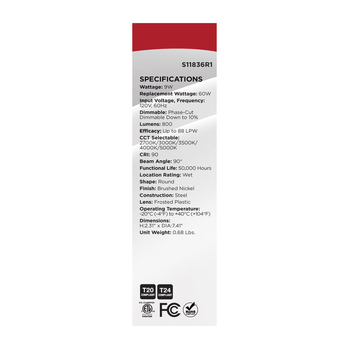 SATCO/NUVO 9W LED Downlight Retrofit 5-6 Inch CCT Selectable 120V Brushed Nickel Finish (S11836R1)