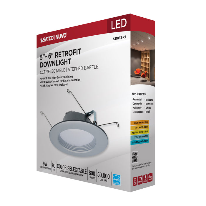 SATCO/NUVO 9W LED Downlight Retrofit 5-6 Inch CCT Selectable 120V Brushed Nickel Finish (S11836R1)
